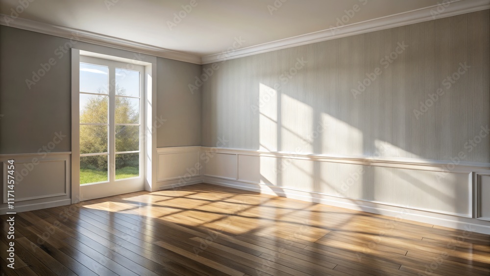 Sunlit Empty Room Wood Floor, French Door, Paneling Sunlit Empty Room Wood Floor, French Door, Paneling