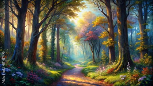 Sunlit Forest Path Impressionistic Landscape Painting