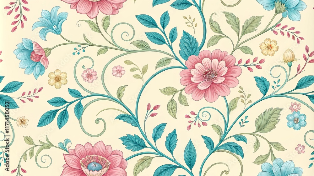 custom made wallpaper toronto digitalSeamless Pastel Floral Pattern Pink, Teal, and Cream Blooms on Swirling Vines