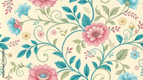 Wallpaper Mural Seamless Pastel Floral Pattern Pink, Teal, and Cream Blooms on Swirling Vines Torontodigital.ca
