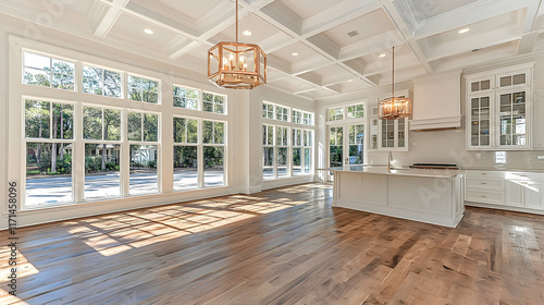 Bright, airy kitchen and living area with hardwood floors, large windows, and coffered ceiling.
