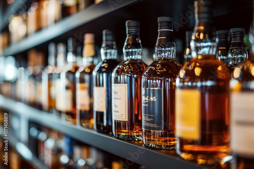 Bottles on a shelf display variously labeled. Concept of liquor and luxury. For beverage advertising