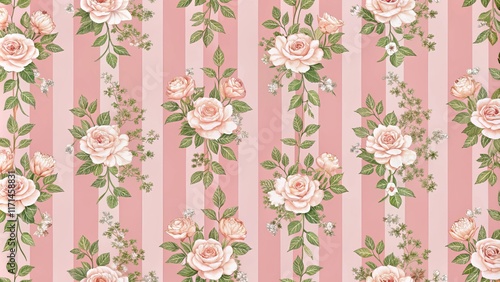 Pink Stripe Blush Rose Floral Seamless Pattern Design
