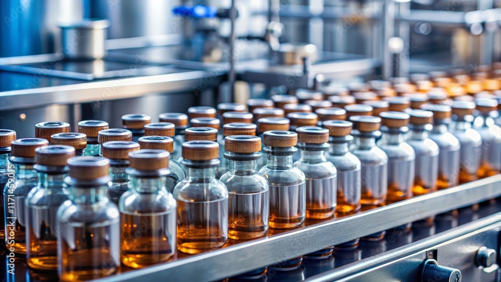 Pharmaceutical Production Line Amber Vials on Conveyor Belt Pharmaceutical Production Line Amber Vials on Conveyor Belt