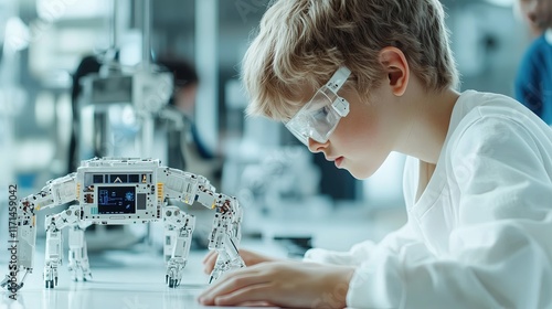 Obraz na płótnie Young Boy Engaged in Robotic Programming in High-Tech Lab