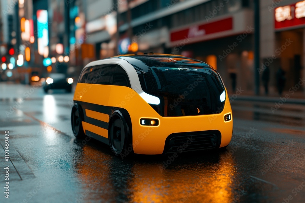 Fototapeta premium Futuristic Autonomous Yellow Vehicle Driving Through City Streets at Night