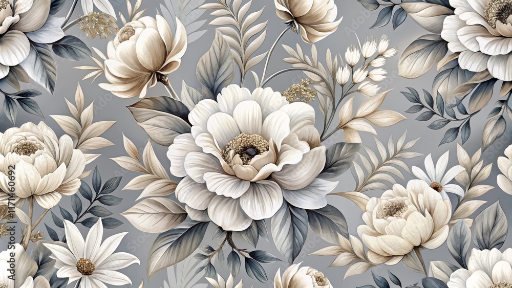 Fototapeta premium Grey Background Floral Seamless Pattern Cream and Taupe Blooms, Intricate Leaf Details
