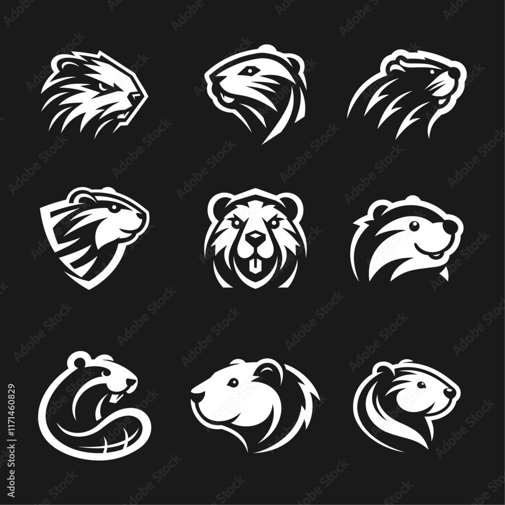 Illustraition of cute flat beaver icons set, black white v3 Illustraition of cute flat beaver icons set, black white v3