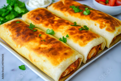 Wallpaper Mural Delicious chimichangas topped with cilantro garnished with sour cream and salsa. Three golden brown chimichangas Torontodigital.ca