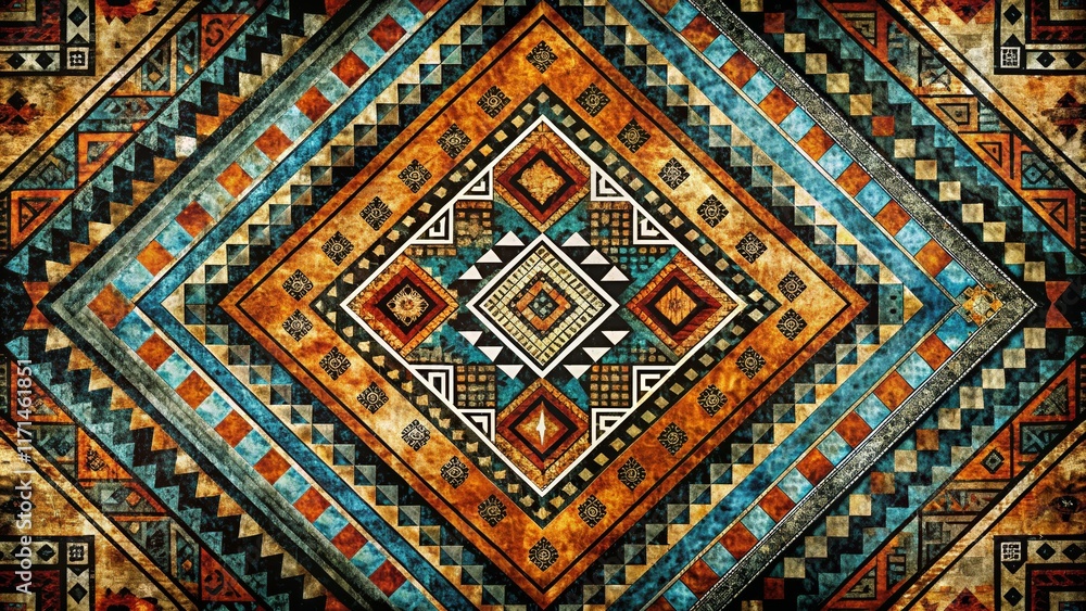 Geometric Indigenous Textile Layered Diamond Pattern in Teal, Orange and Brown Geometric Indigenous Textile Layered Diamond Pattern in Teal, Orange and Brown