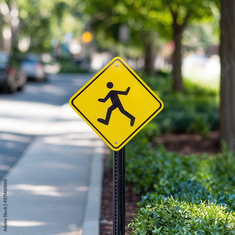 Pedestrian crossing sign in urban area road safety awareness daylight Pedestrian crossing sign in urban area road safety awareness daylight