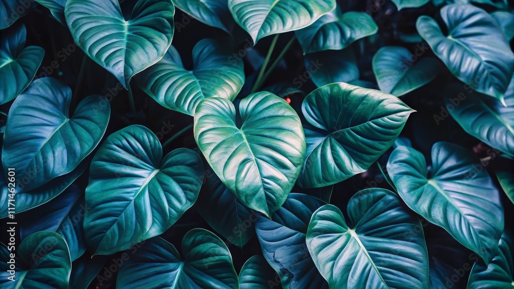 Deep Teal Tropical Leaves Close-Up Composition and Lush Foliage Texture Deep Teal Tropical Leaves Close-Up Composition and Lush Foliage Texture