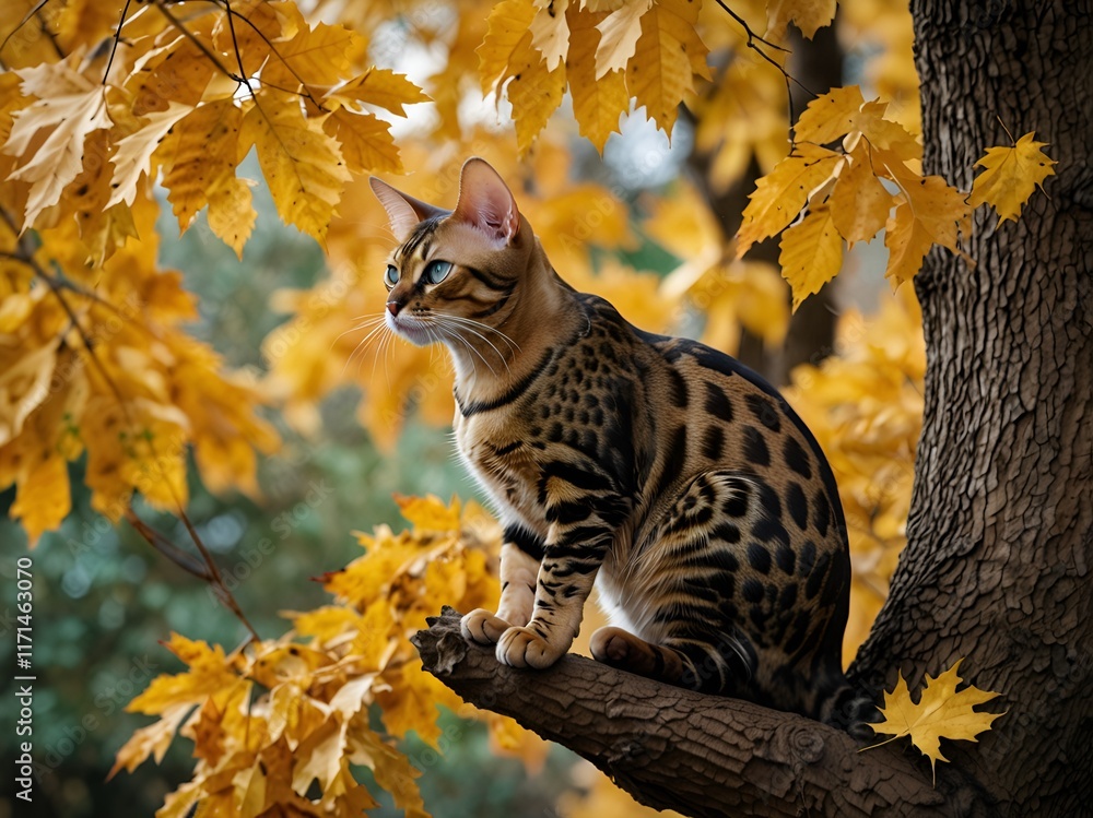 Fototapeta premium A bold Bengal cat climbing a tree with golden autumn leaves