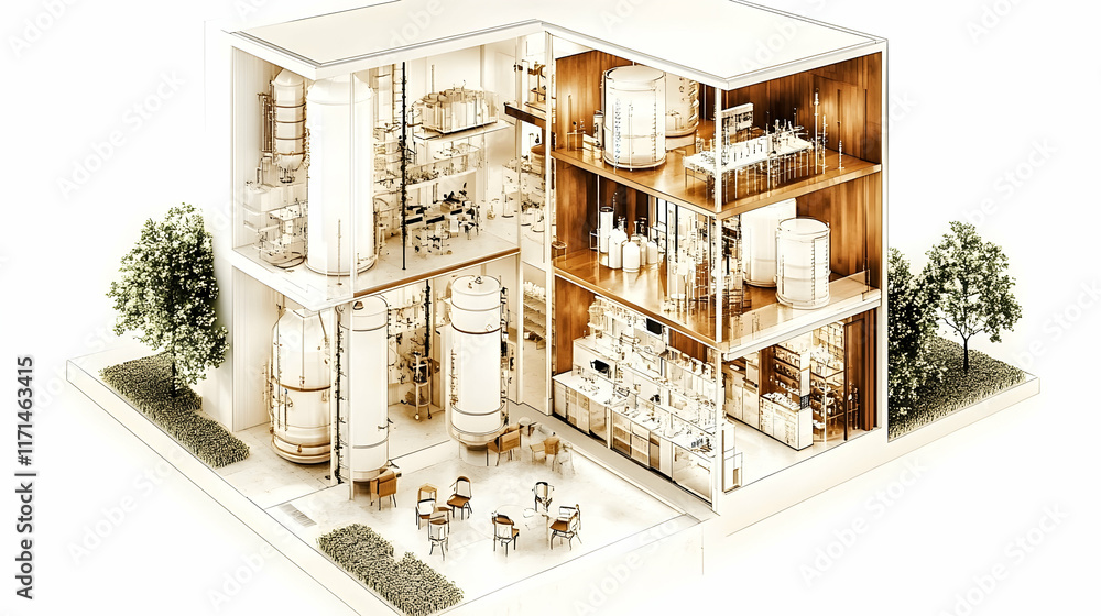 Exploded view of a modern building's interior, showcasing its design and layout. Exploded view of a modern building's interior, showcasing its design and layout.