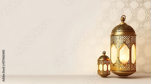 Arabic lantern, Ramadan background design light and shadow lantern lamp isolated on beige background, Islamic concept Ramadan and Eid Mubarak image