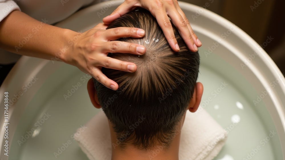 Fototapeta premium A relaxing hair care procedure: washing and massaging the client's hair in a sleek salon setting
