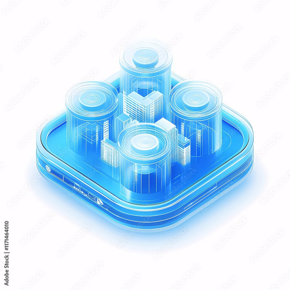 Cityscape inside transparent battery cells on a blue square base. Cityscape inside transparent battery cells on a blue square base.