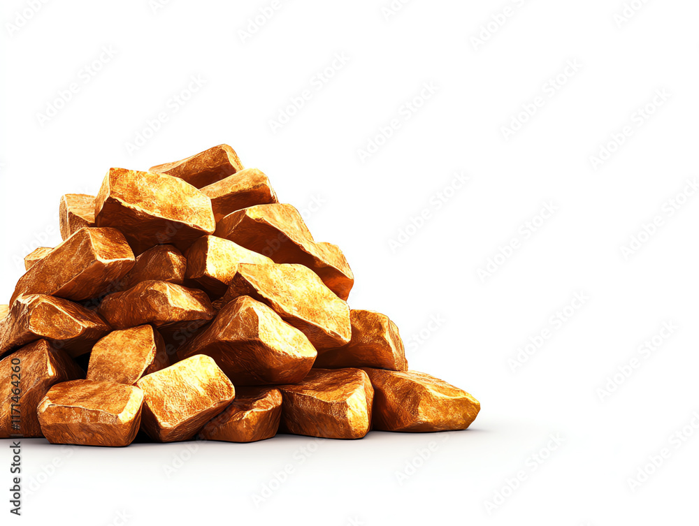 A pile of shiny gold nuggets on a white isolated background, symbolizing wealth and prosperity. A pile of shiny gold nuggets on a white isolated background, symbolizing wealth and prosperity.