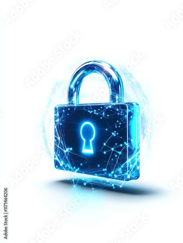 A digital lock icon representing cybersecurity and data protection on a white isolated background. photo