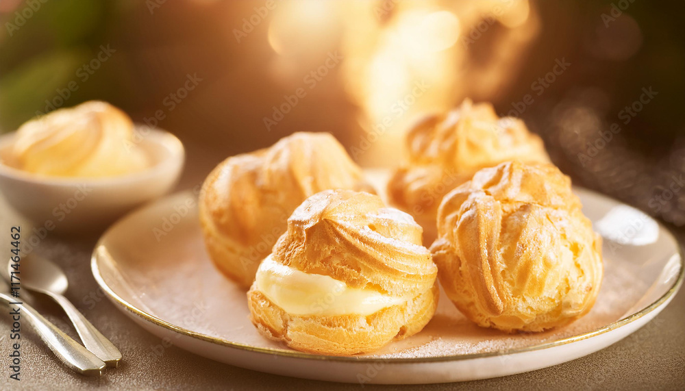 Tasty vanilla cream puffs. Italian patisserie delight. Sweet pastry food. Delicious dessert. Tasty vanilla cream puffs. Italian patisserie delight. Sweet pastry food. Delicious dessert.
