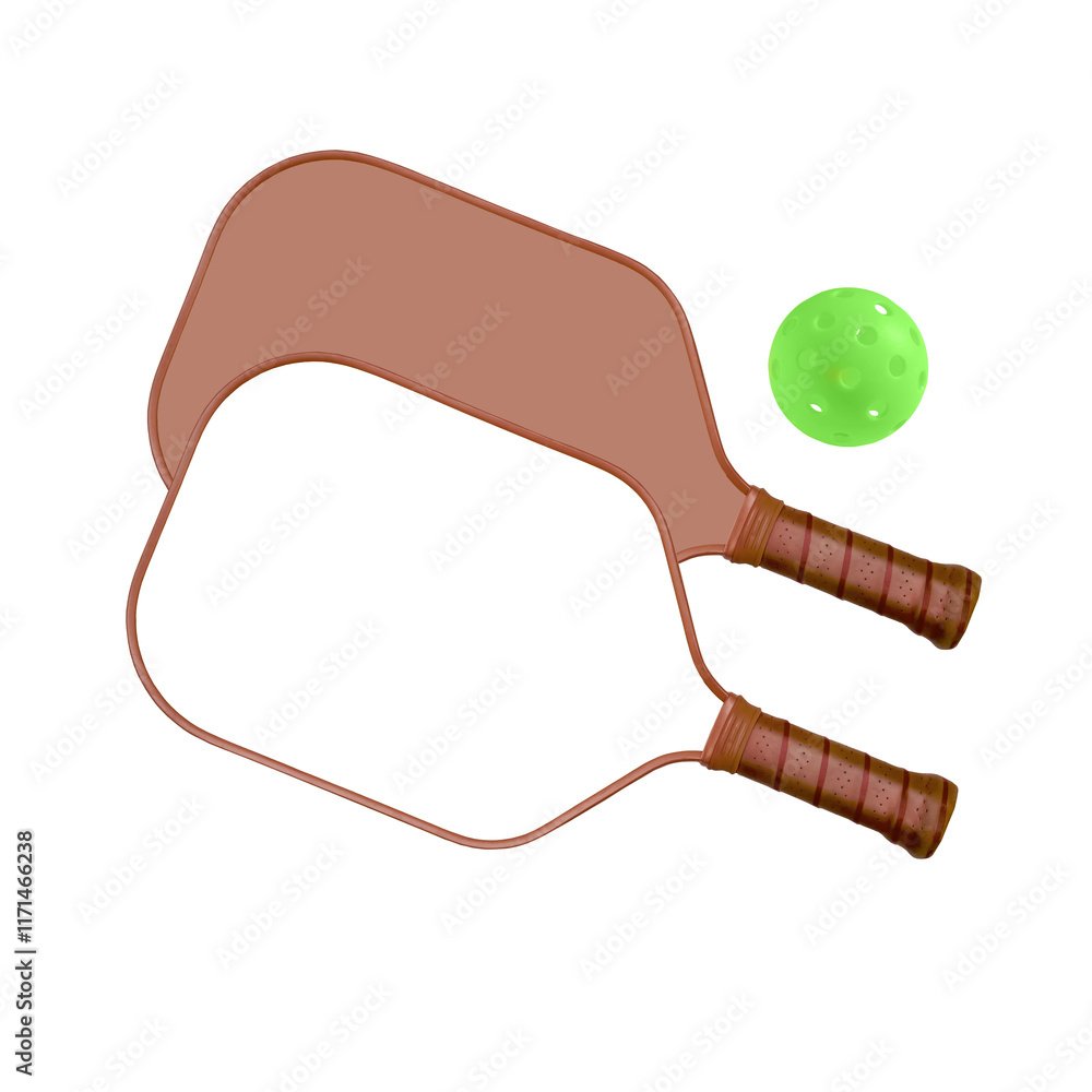 Two pickleball paddles and a pickleball ball.