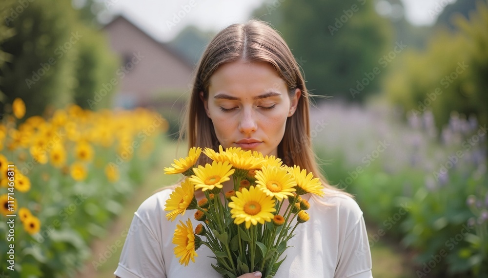 Unfazed Woman Holding Fresh Flowers in Sunlit Garden, a Visual Reference for Anosmia Condition Unfazed Woman Holding Fresh Flowers in Sunlit Garden, a Visual Reference for Anosmia Condition