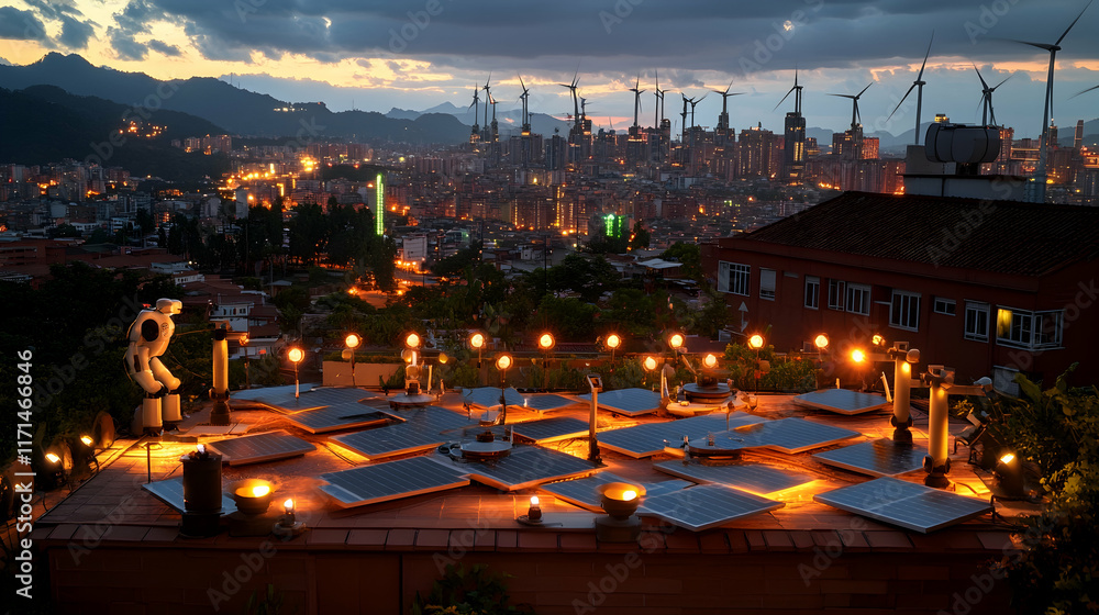 Rooftop solar panels at dusk, city skyline background. Rooftop solar panels at dusk, city skyline background.