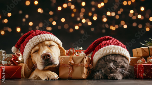 Cozy pets wearing Christmas hats surrounded by festive gifts and lights