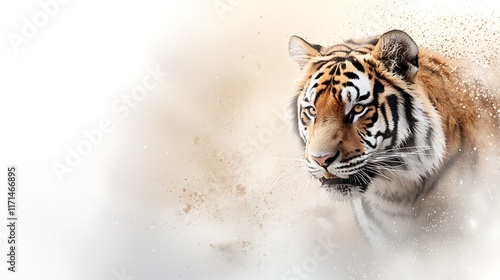 A striking and powerful tiger is captured in an ink wash painting inspired style showcasing the feline s majestic presence and fierce dynamic nature within an abstract moody landscape photo