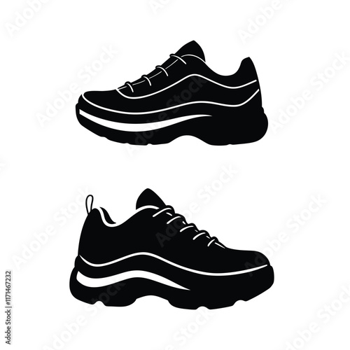 Two stylish, modern sneakers are depicted in a clean, black silhouette against a white background.