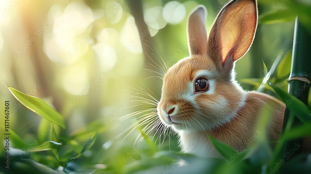 Adorable Fluffy Rabbit Nestled in Serene Bamboo Foliage Landscape Cozy and Tranquil Natural Scene with Cute Bunny Resting Amidst Lush Greenery Adorable Fluffy Rabbit Nestled in Serene Bamboo Foliage Landscape Cozy and Tranquil Natural Scene with Cute Bunny Resting Amidst Lush Greenery