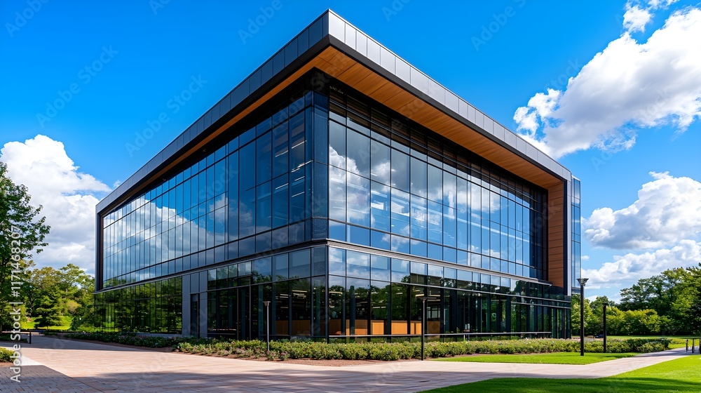Modern Architectural Design with Glass Facade and Green Surroundings Modern Architectural Design with Glass Facade and Green Surroundings