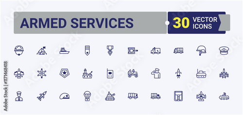 Set of Armed Services line icons. Contains related to equipment, military, transport, first, air, helmet, truck and more. Minimalistic icon. Vector outline and solid icons collection.