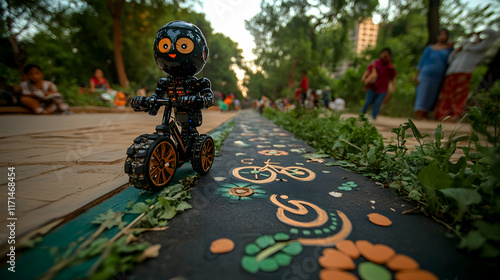 Robot toy on bike, park path.