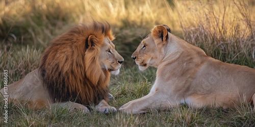 A pair of lions lie peacefully, showcasing their bond at rest.