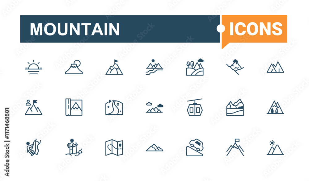 Mountain Beauty linear icon collection. Contains related to camp, high, top, hill, expedition and more. Isolated icons design. Vector outline and solid icons collection. Mountain Beauty linear icon collection. Contains related to camp, high, top, hill, expedition and more. Isolated icons design. Vector outline and solid icons collection.