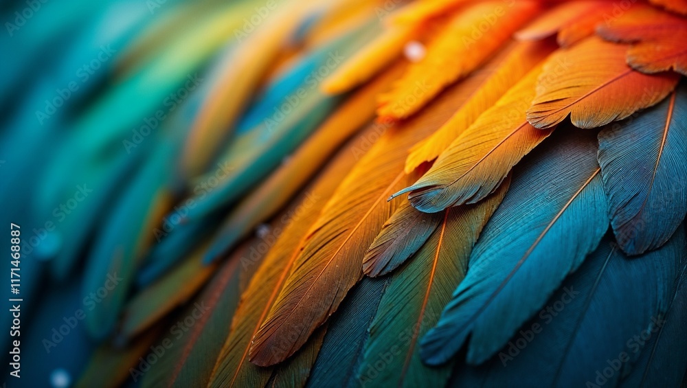 Fototapeta premium Stunning close-up of vibrant bird feathers in a beautiful gradient of blue, green, and orange hues 
