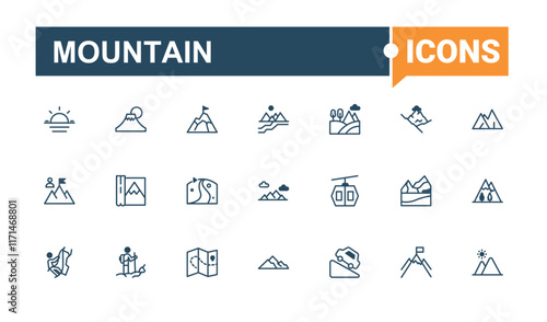 Mountain Beauty linear icon collection. Contains related to camp, high, top, hill, expedition and more. Isolated icons design. Vector outline and solid icons collection.