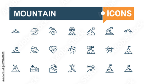 Mountain Beauty linear icon collection. Contains related to camp, high, top, hill, expedition and more. Isolated icons design. Vector outline and solid icons collection.