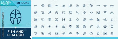 Fish And Seafood icons set in linear style. Contains related to tropical, mussel shell, web, menu, lobster and more. Pixel perfect. Editable vector outline and solid icons.
