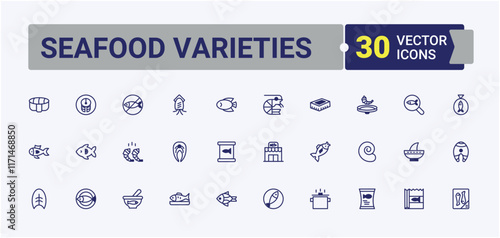 Seafood Varieties lined icons set. Containing cooking, tentacle, hen, eat, delicatessen, kitchen. Flat UI icon design. Vector outline and solid icons collection.