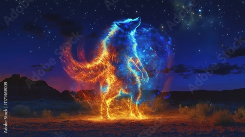 Mystical coyote spirit glows while merging with the silhouette of a tribal dancer in the desert night photo