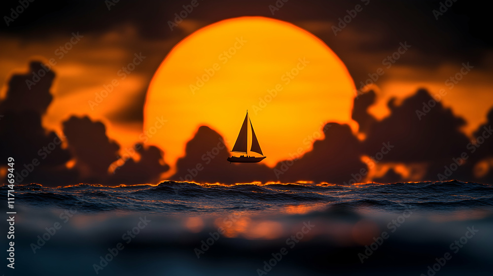 Obraz premium Silhouette of sailboat at sunset.