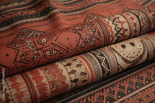 Folded traditional fabric with intricate red and beige patterns