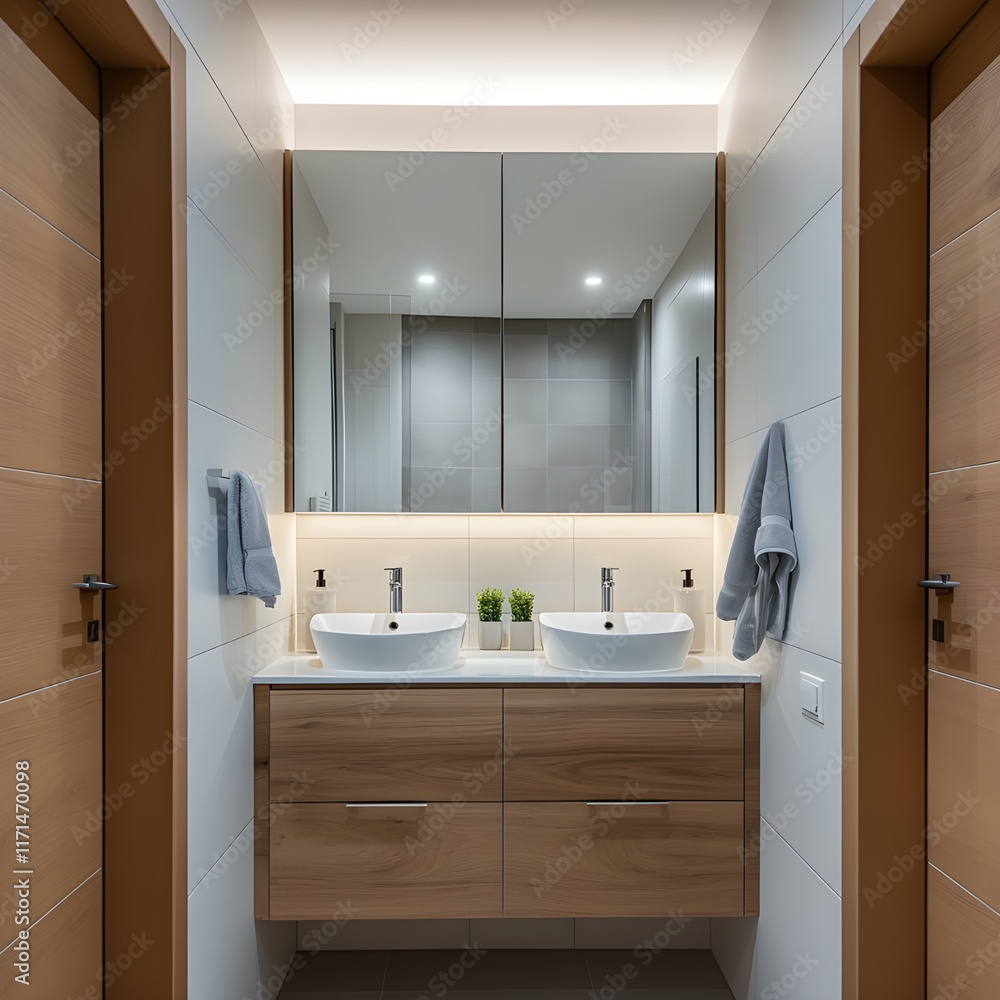 A bathroom with a mirror cabinet that is modern. A bathroom with a mirror cabinet that is modern.