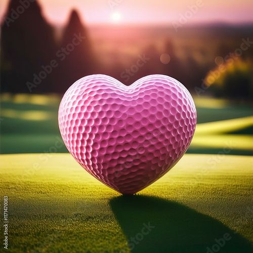 Heart Golf Ball at Sunset, Pink heart-shaped golfball on a putting green Valentine's Romantic Background