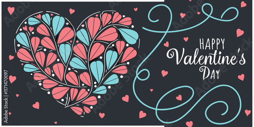 Heart shape filled with blue and pink patterns surrounded by small scattered hearts. A playful script spells out the words "Happy Valentine's Day" in swirling lines on a dark background.AI