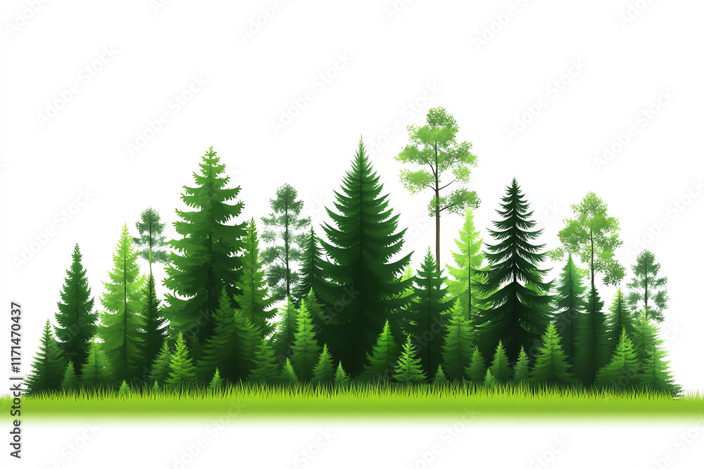 Fototapeta premium A vibrant collection of various evergreen trees set against a white background, perfect for eco-friendly designs.