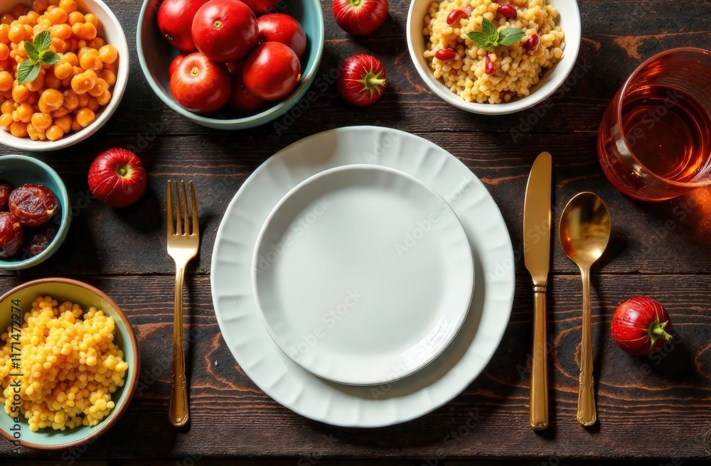 A flat lay of a traditional Ramadan Iftar table A flat lay of a traditional Ramadan Iftar table