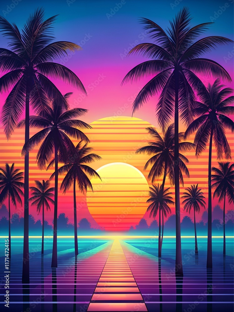 Naklejka premium Vibrant Sunset Over Tropical Palm Trees